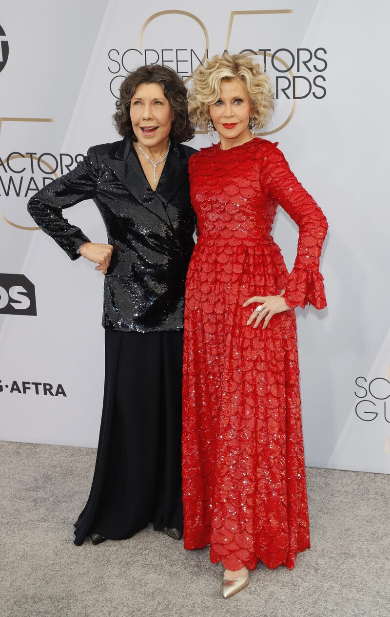 Lily Tomlin and Jane Fonda in Valentino at the 25th annual Screen Actors Guild Awards ceremony in Los Angeles on January 27, 2019. EPA