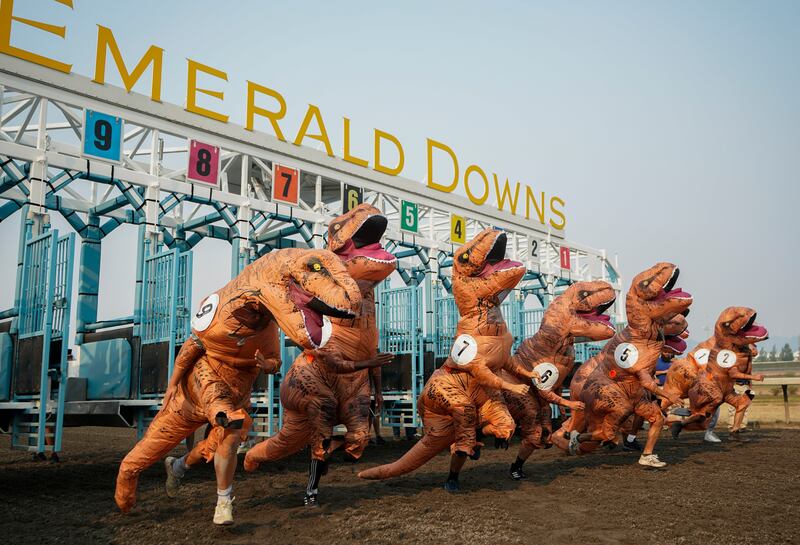 Racers, including eventual winner Ocean Kim (5), leave the gates for the championship race during the "T-Rex World Championship Races" at Emerald Downs, Sunday, Aug.  20, 2023, in Auburn, Wash.  (AP Photo / Lindsey Wasson)