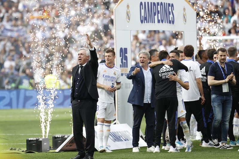 Carlo Ancelotti celebrates after winning La Liga. EPA