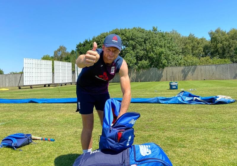 England's Jos Buttler gives the thumbs up during training on June 25, 2020. PA