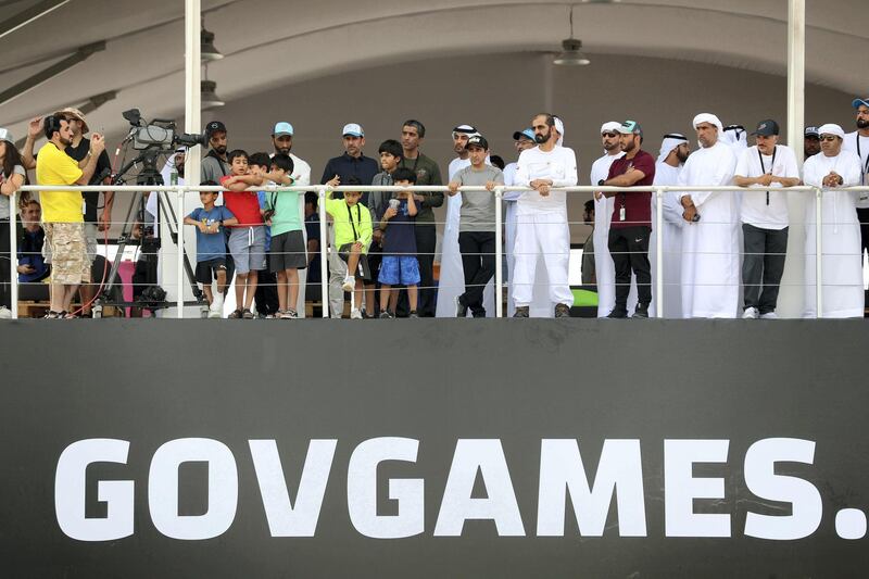 Dubai, United Arab Emirates - March 04, 2019: Sheikh Mohammed bin Rashid Al Maktoum at the men's heats of the Goverment Games 2019. Thursday the 4th of April 2019. Kite Beach, Dubai. Chris Whiteoak / The National