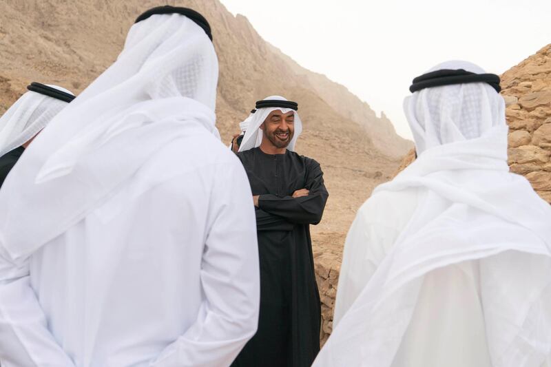 AL AIN, UNITED ARAB EMIRATES - January 19, 2019: HH Sheikh Mohamed bin Zayed Al Nahyan, Crown Prince of Abu Dhabi and Deputy Supreme Commander of the UAE Armed Forces (C) inspects Jebel Hafeet tombs.

( Rashed Al Mansoori / Ministry of Presidential Affairs )
---