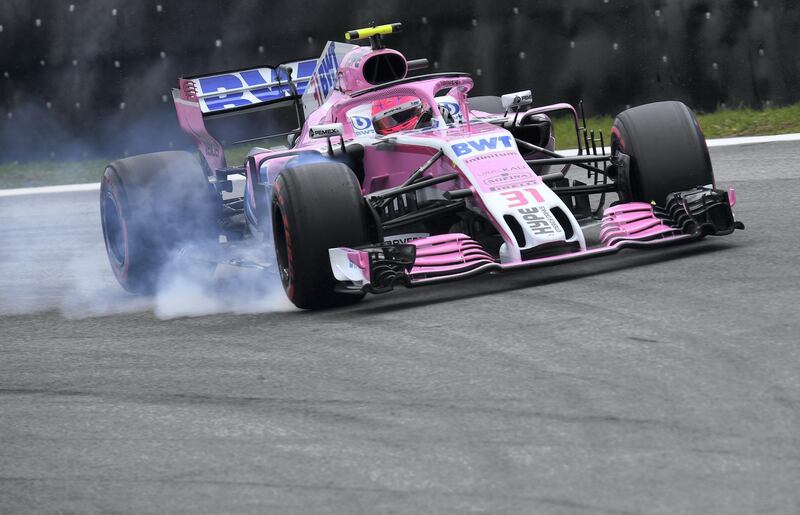 SAO PAULO, BRAZIL - NOVEMBER 10: Esteban Ocon of France driving the (31) Sahara Force India F1 Team VJM11 Mercedes locks a wheel under braking during qualifying for the Formula One Grand Prix of Brazil at Autodromo Jose Carlos Pace on November 10, 2018 in Sao Paulo, Brazil.  (Photo by Clive Mason/Getty Images)