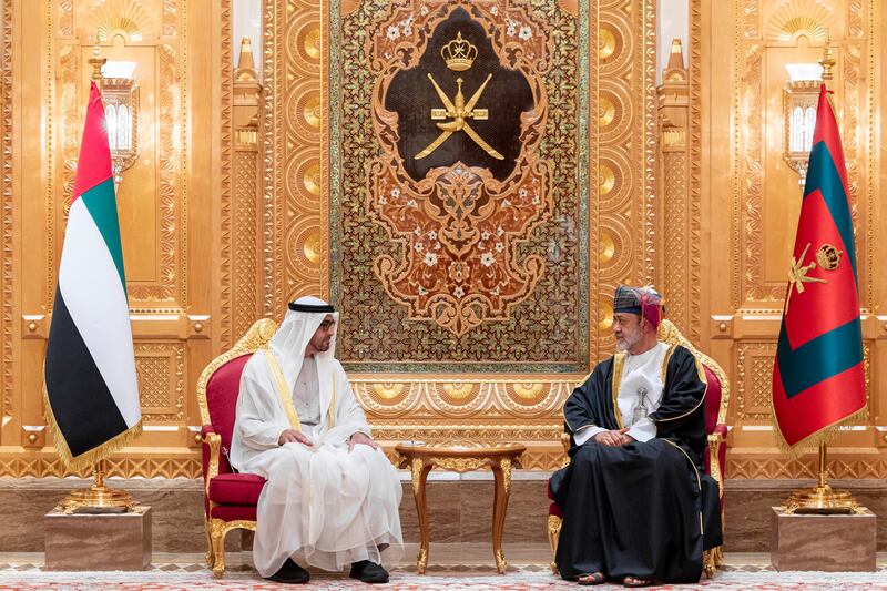 Sheikh Mohamed and Sultan Haitham in discussions. Ryan Carter / UAE Presidential Court