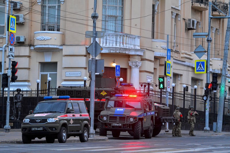 Russian servicemen block a street in downtown Rostov-on-Don. EPA