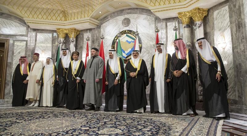 Sheikh Mohammed bin Zayed, Crown Prince of Abu Dhabi and Deputy Supreme Commander of the UAE Armed Forces, third right, stands for a photograph with participants of the GCC-Morocco Summit. He is seen with, from left to right, Saudi Arabia’s Crown Prince Mohammed bin Nayef bin Abdulaziz Al Saud, Prince Moulay Rachid of Morocco, Sheikh Sabah Al Ahmad Al Jaber Al Sabah, the Emir of Kuwait, Sheikh Tamim bin Hamad Al Thani, the Emir of Qatar, Oman’s deputy prime minister Sayyid Fahd bin Mahmoud, King Mohamed VI of Morocco, King Salman Bin Abdulaziz of Saudi Arabia, King Hamad bin Isa Al Khalifa, King of Bahrain, Saudi Arabia’s Deputy Crown Prince Mohamed bin Salman bin Abdulaziz, and Dr Abdullatif Al Zayani, Secretary General of the GCC. 

Ryan Carter / Crown Prince Court — Abu Dhabi