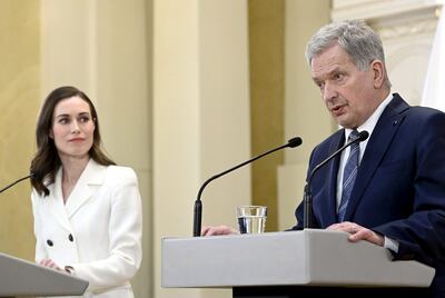 Finland's Prime Minister Sanna Marin and President Sauli Niinisto announce at the Presidential Palace in Helsinki that the nation will apply for Nato membership. AFP