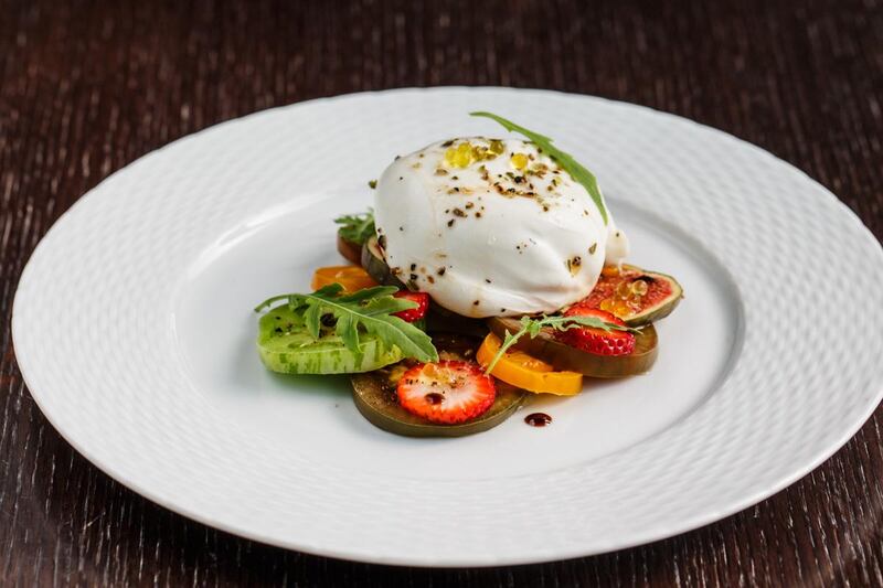 WELL-THOUGHT-OUT VEG: Burrata espuma with tomato and basil, Dh20, Eloquent Elephant