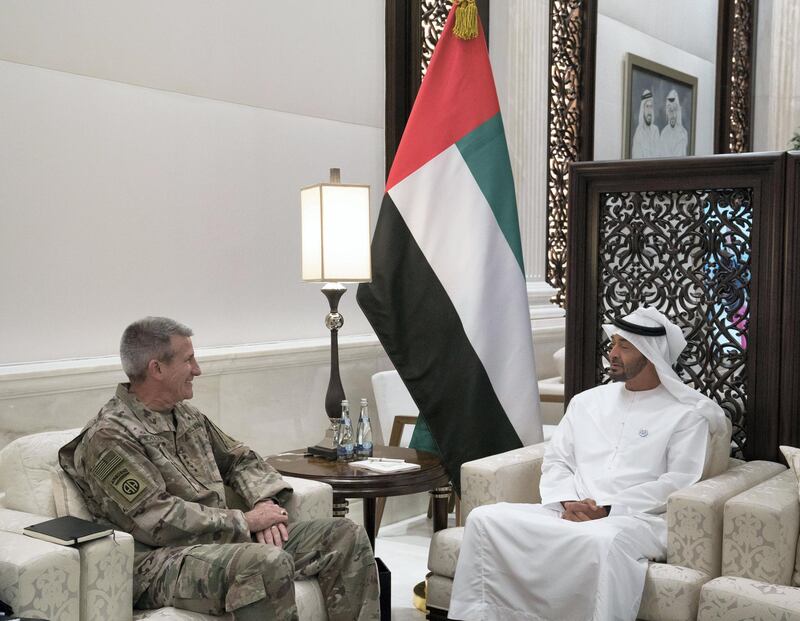 ABU DHABI, UNITED ARAB EMIRATES - May 22, 2018: HH Sheikh Mohamed bin Zayed Al Nahyan, Crown Prince of Abu Dhabi and Deputy Supreme Commander of the UAE Armed Forces (R), meets with General John Nicholson, the senior US commander in Afghanistan (L), during an iftar reception at Al Bateen Palace. 

( Hamad Al Kaabi / Crown Prince Court - Abu Dhabi )
—