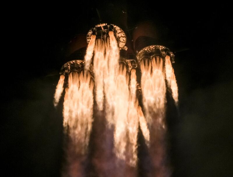 The rocket leaves the Gagarin's Start launch pad at 5.57pm UAE time (6.57pm Kazakhstan time) propelling the Soyuz into the sky. Shamil Zhumatov / Reuters