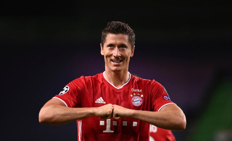 Bayern's Robert Lewandowski celebrates after scoring his side's third goal. AP