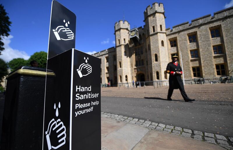 Hand sanitiser for public use is seen at the Tower of London. EPA