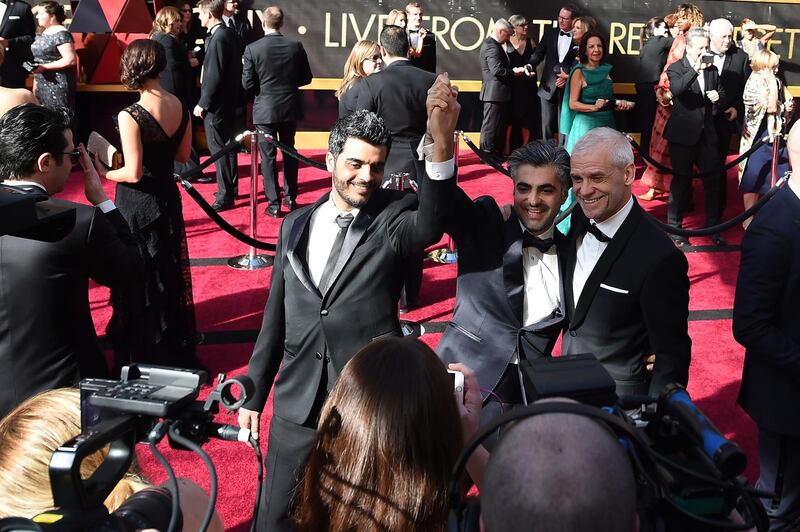 From left, Syrian producer Kareem Abeed, director Feras Fayyad and Danish producer Soren Steen Jespersen,  are nominated for best documentary for Last Men In Aleppo. AFP/Robyn BECK