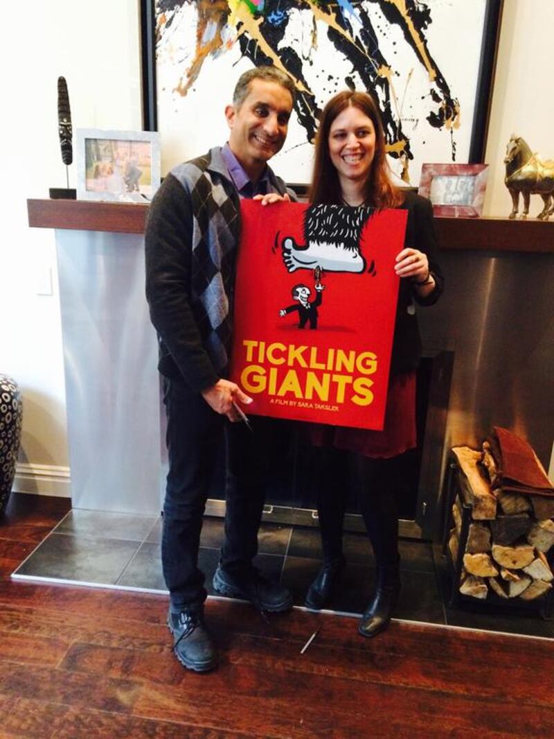 The Egyptian satirist Bassem Youssef, left, with Sara Taksler, the director of Tickling Giants. Courtesy: Sara Taksler