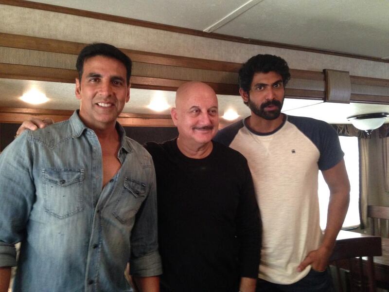 From left, Akshay Kumar, Anupam Kher and Rana Daggubati. Christine Iyer / The National