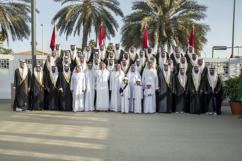 ABU DHABI, UNITED ARAB EMIRATES -November 23, 2017: HE Jassem Mohamed Bu Ataba Al Zaabi, Chairman of Abu Dhabi Executive Office and Abu Dhabi Executive Council Member (front row 5th L), HE Ahmed Juma Al Zaabi, UAE Deputy Minister of Presidential Affairs (front row 6th L), HH Sheikh Abdullah bin Zayed Al Nahyan, UAE Minister of Foreign Affairs and International Cooperation (front row 7th L), HH Sheikh Nahyan Bin Zayed Al Nahyan, Chairman of the Board of Trustees of Zayed bin Sultan Al Nahyan Charitable and Humanitarian Foundation (front row 8th L), HH Sheikh Nahyan bin Mubarak Al Nahyan, UAE Minister of State for Tolerance (front row 9th L) and HE Jaber Al Suwaidi, General Director of the Crown Prince Court - Abu Dhabi (front row 10th L), stand for photograph during a mass wedding held at Majlis Al Zaab.

(  Boris Dejanovic for the Crown Prince Court - Abu Dhabi  )

---