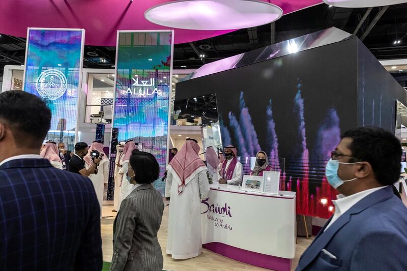First day of the 2021 Arabian Travel Market exhibition opens at the World Trade Center in Dubai on May 16 th, 2021. Saudi Arabia stand.Antonie Robertson / The National.Reporter: None for National.