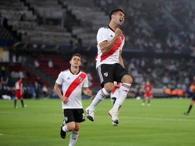 Abu Dhabi, United Arab Emirates - December 22, 2018: River Plate's Gonzalo Martinez celebrates his goal during the match between River Plate and Kashima Antlers at the Fifa Club World Cup 3rd/4th place playoff. Saturday the 22nd of December 2018 at the Zayed Sports City Stadium, Abu Dhabi. Chris Whiteoak / The National