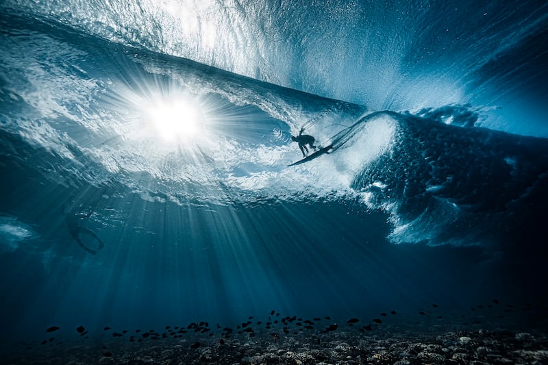 Second place in Adventure Photographer of the Year, Ben Thouard: A wave known as Teahupo’o, as seen from below, in Tahiti, French Polynesia