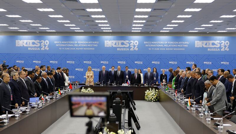 Officials observe a minute of silence to pay tribute to Iran's president Ebrahim Raisi, Hossein Amirabdollahian and other victims of an Iranian helicopter crash, during a meeting of foreign ministers of the Brics group in Nizhny Novgorod, Russia. Reuters