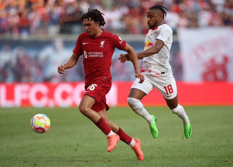 Liverpool defender Trent Alexander-Arnold under pressure from Leipzig's Christopher Nkunku. AFP