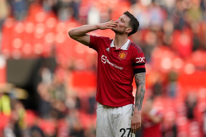 Manchester United's Wout Weghorst celebrates with fans at Old Trafford after the Leicester win. AP