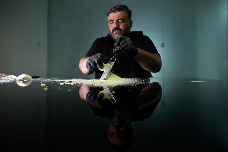 Omar Sartawi, a Jordanian chef, recreates an ancient statue found in Jordan using a famous local product - Jameed (dried goat's milk used in the country's national dish), at his workshop in Amman, Jordan. REUTERS