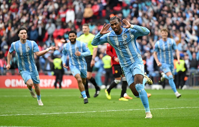 Haji Wright celebrates scoring his Coventry's third goal from the penalty spot. Getty Images