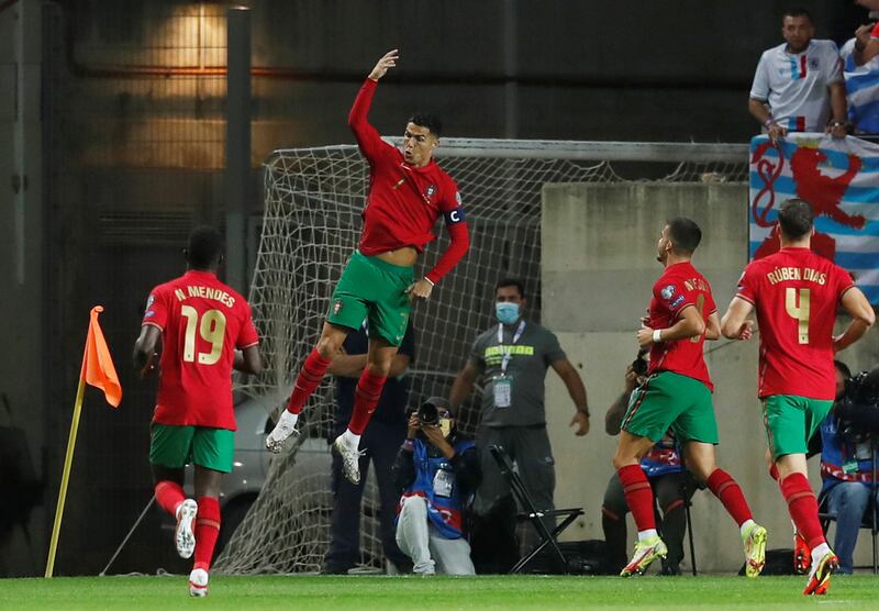 Portugal's Cristiano Ronaldo celebrates scoring his first goal against Luxembourg during the Group A World Cup qualifier at Estadio Algarve, Almancil, Portugal on October 12, 2021. Portugal won the match 5-0 with Ronaldo grabbing a hat-trick. Reuters