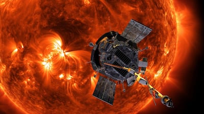 This image made available by NASA shows an artist's rendering of the Parker Solar Probe approaching the Sun. It's designed to take solar punishment like never before, thanks to its revolutionary heat shield thatâ€™s capable of withstanding 2,500 degrees Fahrenheit (1,370 degrees Celsius). (Steve Gribben/Johns Hopkins APL/NASA via AP)