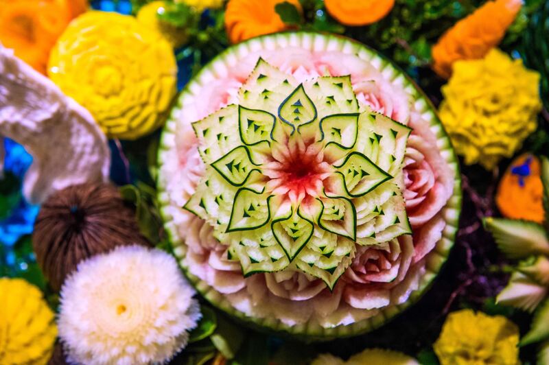 A carved watermelon is displayed during a fruit and vegetable carving competition in Bangkok. Robert Schmidt / AFP