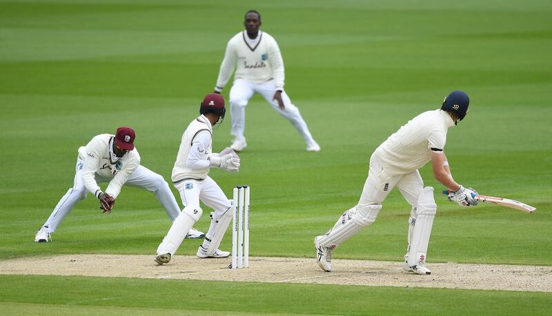 Jason Holder of West Indies takes the catch to dismiss England's  Zak Crawley for a first-ball duck. Getty