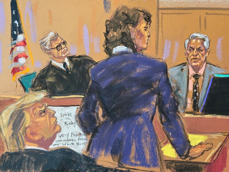 A court sketch of Robert Costello being cross-examined by prosecutor Susan Hoffinger before Judge Juan Merchan. Reuters