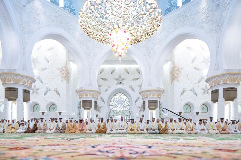 ABU DHABI, UNITED ARAB EMIRATES -September 01, 2017: HH Sheikh Mohamed bin Zayed Al Nahyan, Crown Prince of Abu Dhabi and Deputy Supreme Commander of the UAE Armed Forces (13th L), attends Eid Al Adha prayers at the Sheikh Zayed Grand Mosque. Seen are (L-R) HH Dr Sheikh Sultan bin Khalifa Al Nahyan, Advisor to the UAE President, HH Sheikh Nahyan bin Mubarak Al Nahyan, UAE Minister of Culture and Knowledge Development, HH Sheikh Mohamed bin Abdullah bin Zayed Al Nahyan, HH Sheikh Khaled bin Zayed Al Nahyan, Chairman of the Board of Zayed Higher Organization for Humanitarian Care and Special Needs (ZHO), HH Sheikh Omar bin Zayed Al Nahyan, Deputy Chairman of the Board of Trustees of Zayed bin Sultan Al Nahyan Charitable and Humanitarian Foundation, HH Sheikh Abdullah bin Zayed Al Nahyan, UAE Minister of Foreign Affairs and International Cooperation, HH Sheikh Hamed bin Zayed Al Nahyan, Chairman of the Crown Prince Court of Abu Dhabi and Abu Dhabi Executive Council Member, HH Sheikh Mansour bin Zayed Al Nahyan, UAE Deputy Prime Minister and Minister of Presidential Affairs, HH Sheikh Tahnoon bin Zayed Al Nahyan, UAE National Security Advisor, HH Lt General Sheikh Saif bin Zayed Al Nahyan, UAE Deputy Prime Minister and Minister of Interior, HH Sheikh Nahyan Bin Zayed Al Nahyan, Chairman of the Board of Trustees of Zayed bin Sultan Al Nahyan Charitable and Humanitarian Foundation, HH Sheikh Hazza bin Zayed Al Nahyan, Vice Chairman of the Abu Dhabi Executive Council, HH Sheikh Mohamed bin Zayed Al Nahyan, Crown Prince of Abu Dhabi and Deputy Supreme Commander of the UAE Armed Forces, HH Sheikh Saif bin Mohamed Al Nahyan, HH Sheikh Suroor bin Mohamed Al Nahyan, HH Sheikh Mohamed bin Butti Al Hamed, HH Sheikh Rashid bin Hamdan bin Mohamed Al Nahyan, HH Dr Sheikh Hamed bin Ahmed Al Hamed, Chairman of Al Qudra Holding, HH Sheikh Sultan bin Mohamed bin Khaled Al Nahyan, HH Sheikh Saif bin Mohamed bin Butti Al Hamed, HH Sheikh Mohamed bin Nahyan bin Mubarak Al Nahyan, and HE Sa