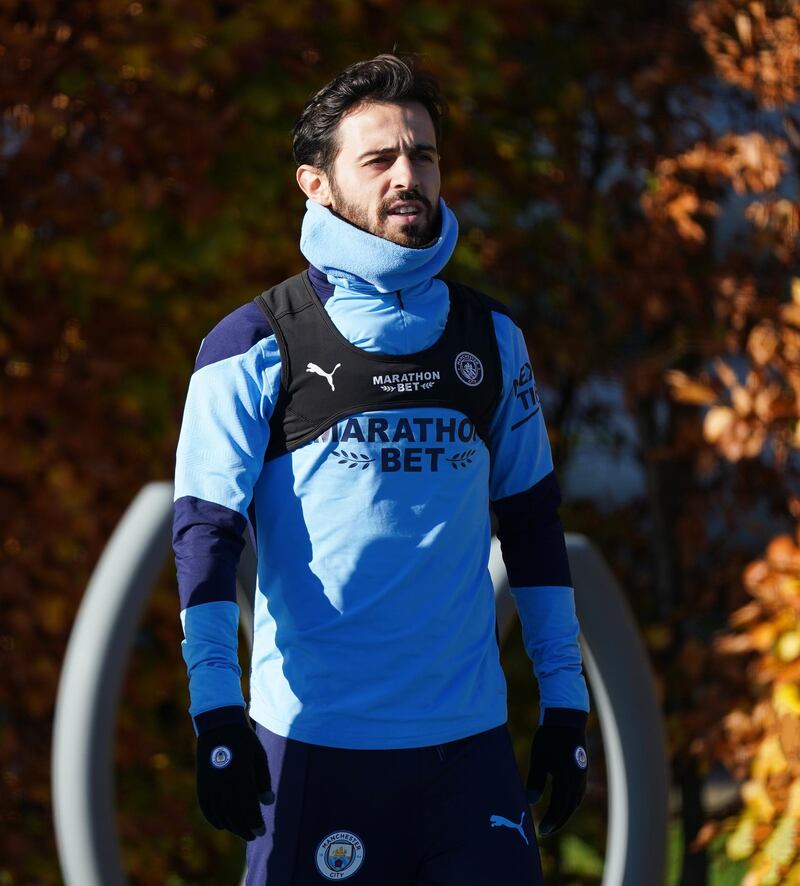 MANCHESTER, ENGLAND - NOVEMBER 06: Bernardo Silva of Manchester City looks on during a training session at Manchester City Football Academy on November 06, 2020 in Manchester, England. (Photo by Matt McNulty - Manchester City/Manchester City FC via Getty Images)