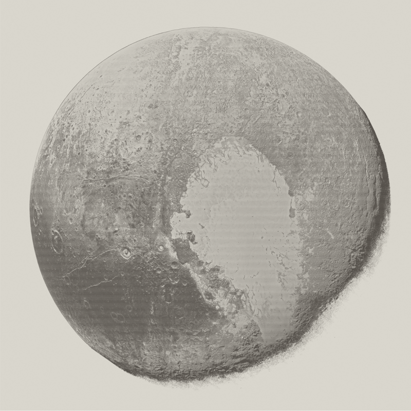 Image of Pluto generated using Nasa data, inspired by Jean-Dominique Cassini's 1679 map of the Moon. Photo: Sergio Díaz Ruiz