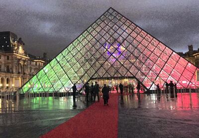 Louvre Museum in Paris lights up with the colours of the UAE flag on Wednesday. Wam