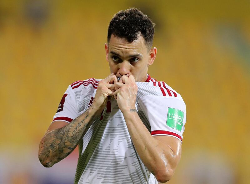 Caio Canedo of the UAE scores during the game between the UAE and Thailand in the World cup qualifiers at the Zabeel Stadium, Dubai on June 7th, 2021. Chris Whiteoak / The National. 
Reporter: John McAuley for Sport