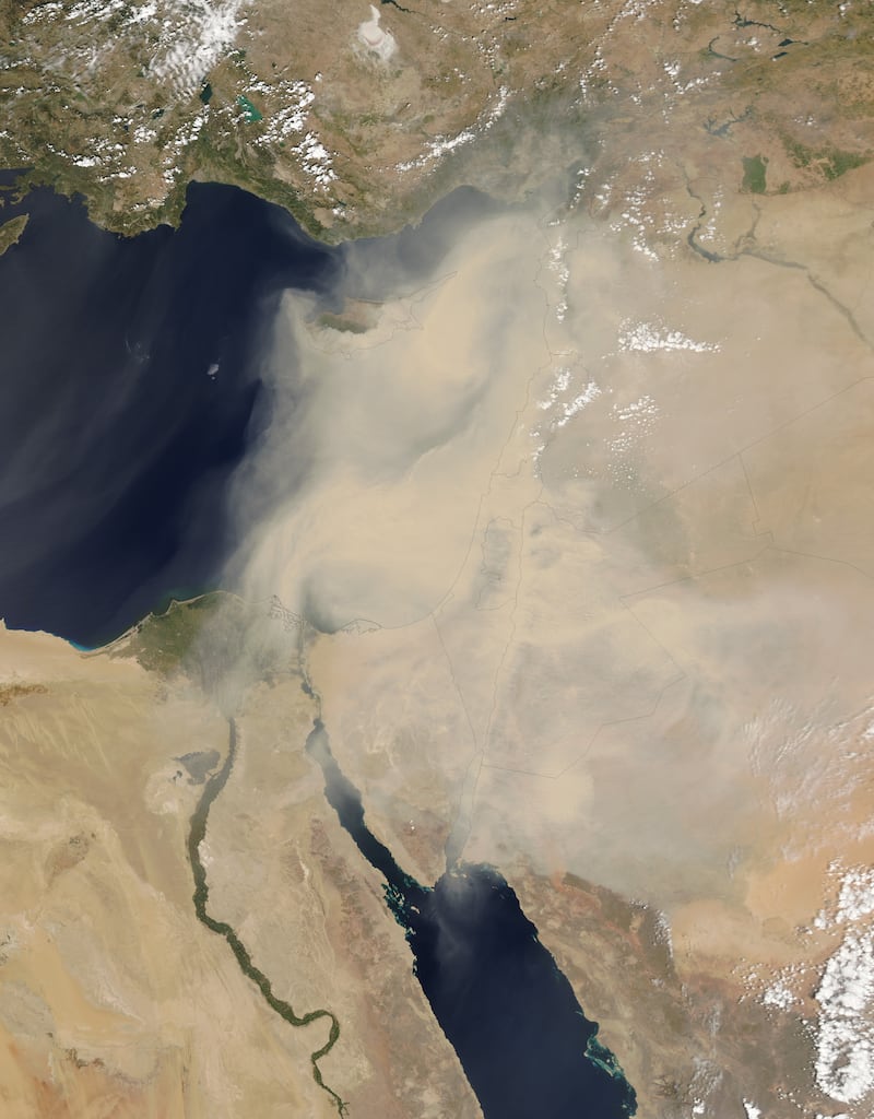 16.	Satellite images show a dust storm sweeping over the Middle East in 2015. The storm hit Lebanon, Israel, Jordan, Cyprus and Palestine, causing many cancelled flights and the closure of seaports. Photo: Nasa Earth Observatory