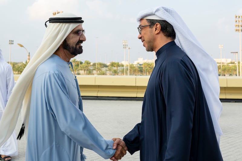 Sheikh Mohammed bin Rashid bids farewell to Sheikh Mansour bin Zayed after the ceremony