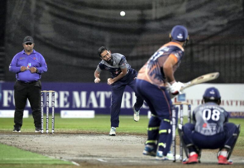 Pacific Group's Mujahid bowls in the Sharjah Ramadan Cup game between MGM Cricket Club v Pacific Group in Sharjah on April 27th, 2021. Chris Whiteoak / The National. 
Reporter: Paul Radley for Sport