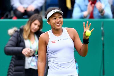 BIRMINGHAM, ENGLAND - JUNE 18: Naomi Osaka of Japan celebrates victory in her first round match against Maria Sakkari of Greece during day two of the Nature Valley Classic at Edgbaston Priory Club on June 18, 2019 in Birmingham, United Kingdom. (Photo by Jordan Mansfield/Getty Images for LTA)