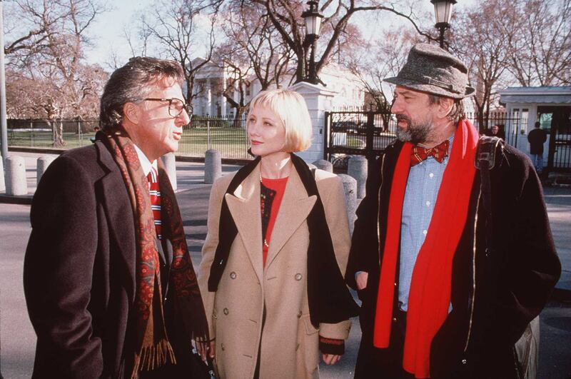 From left, Dustin Hoffman, Anne Heche and Robert De Niro on the set of 'Wag The Dog' in 1998. Getty Images