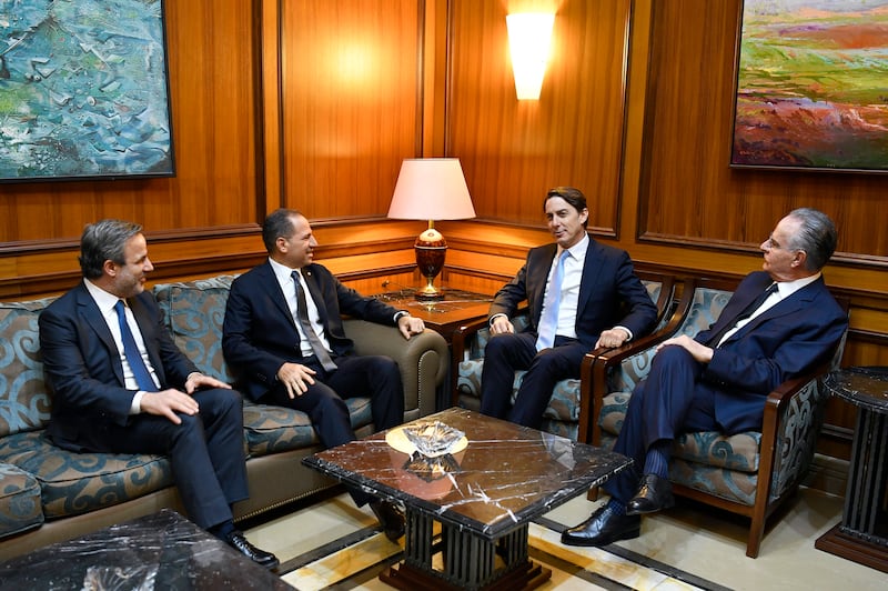 US envoy Amos Hochstein, second from right, meets Lebanese opposition representatives George Adwan, right, Michel Moawad, left, and Sami Jamil at Lebanon's parliament building in Beirut on Monday. EPA
