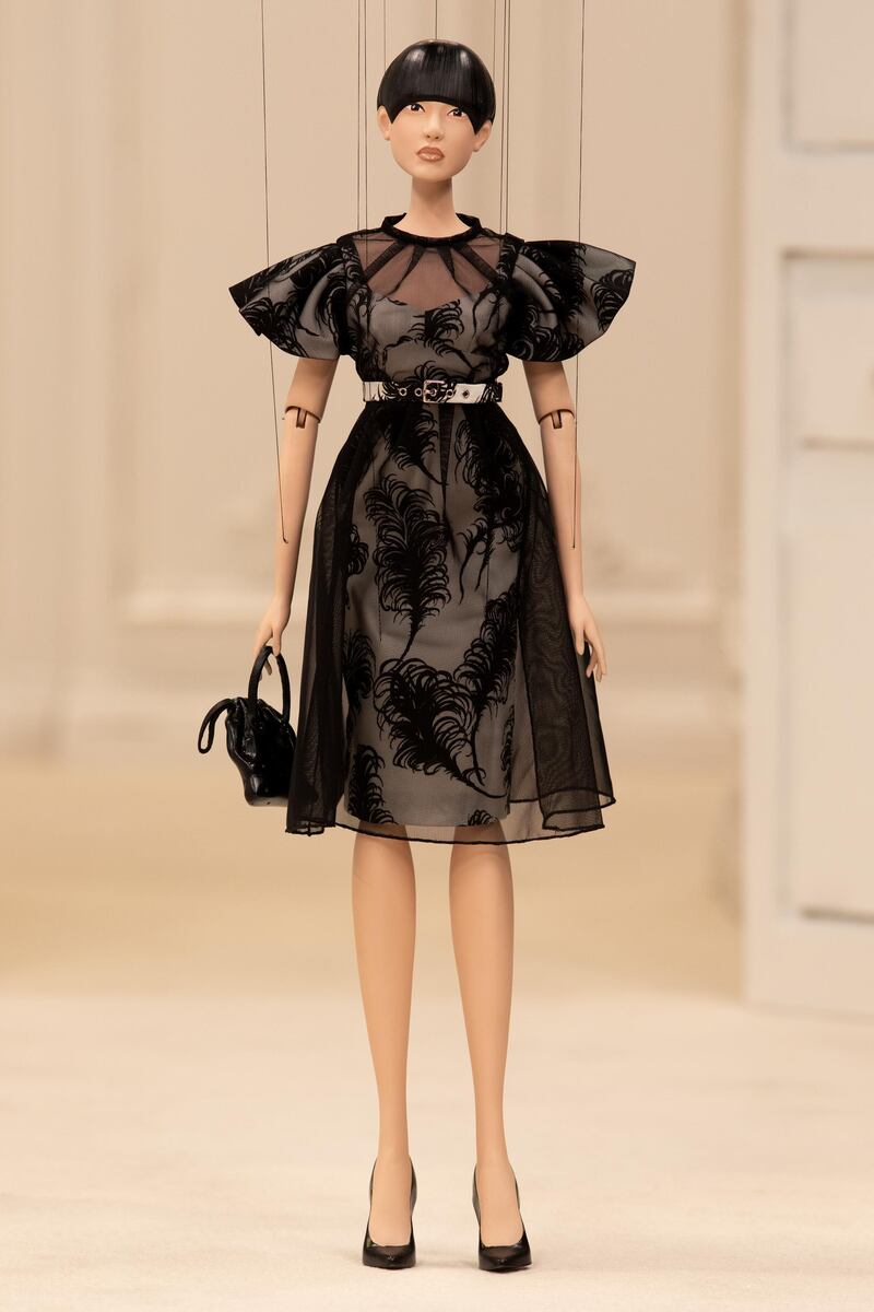 A look from Moschino’s spring/summer 2021 womenswear collection, which was presented as a short film, with marionettes by Jim Henson’s Creature Shop modelling scaled down versions of the clothes. Courtesy Moschino