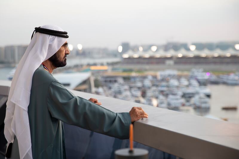 Sheikh Mohammed attends the final day of the 2021 Formula 1 Etihad Airways Abu Dhabi Grand Prix at Shams Tower. Photo: Presidential Court