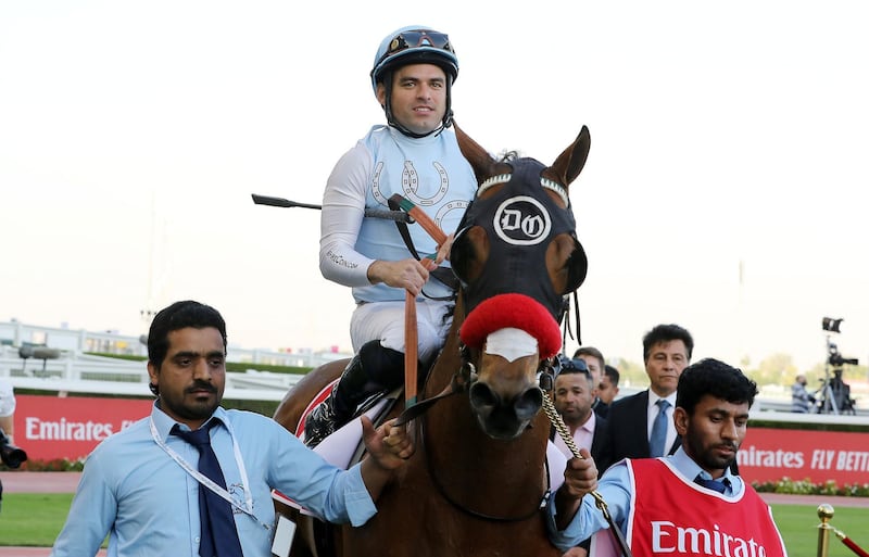 DUBAI , UNITED ARAB EMIRATES , Mar 7 – 2020 :- Fernando Jara  (no 3) guides Wildman Jack (USA)  to win the 3rd horse race Nad Al Sheba Turf Sprint, 1200m Turf during the Super Saturday meeting at the Meydan Racecourse in Dubai. Super Saturday is the dress rehearsal for the Dubai World Cup. ( Pawan Singh / The National ) For Sports. Story by Amith