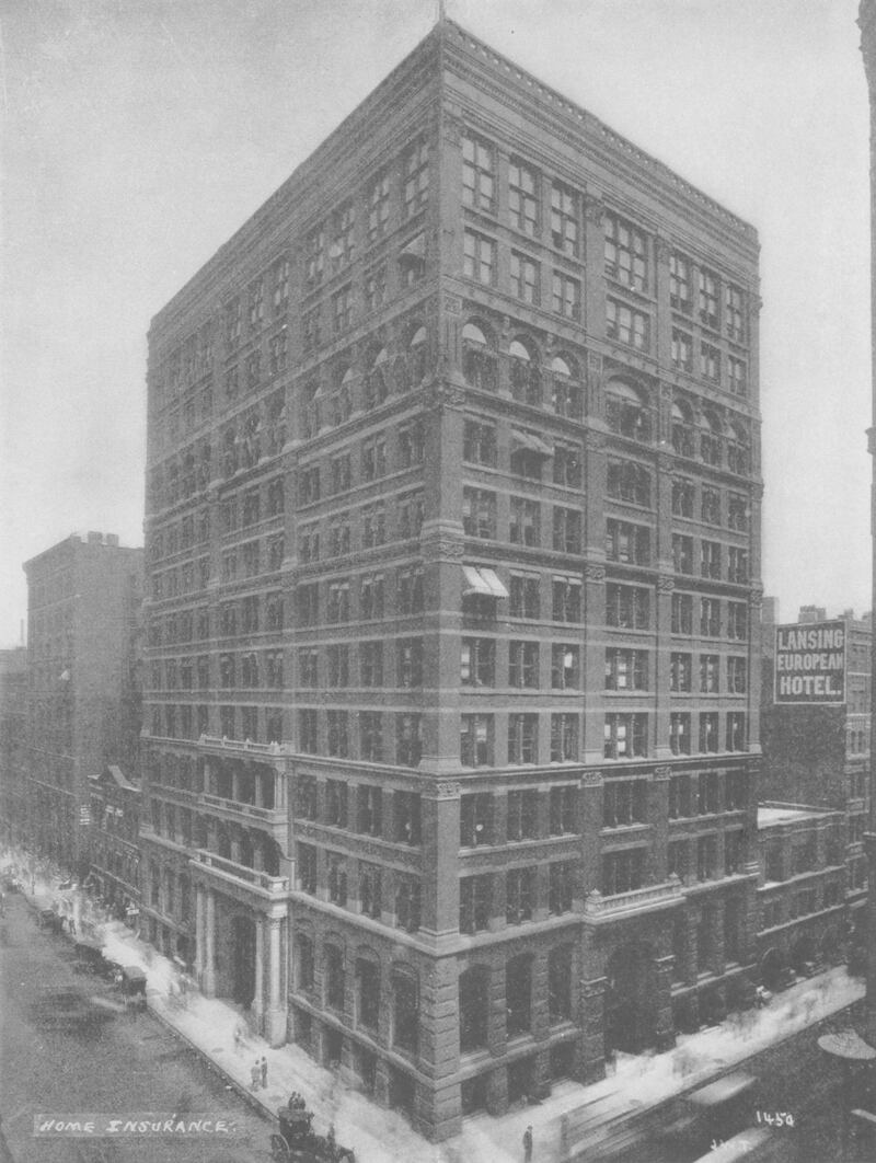 The Origin Of The Skyscraper - black and white image of the Home Insurance Building showing a view from the southwest, stating that the upper two floors were added in 1890, 1931. (Photo by Museum of Science and Industry, Chicago/Getty Images)