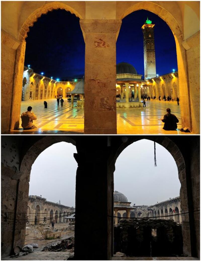 Aleppo’s Umayyad mosque pictured on March 12, 2009, top, and on December 13, 2016. Omar Sanadiki / Reuters