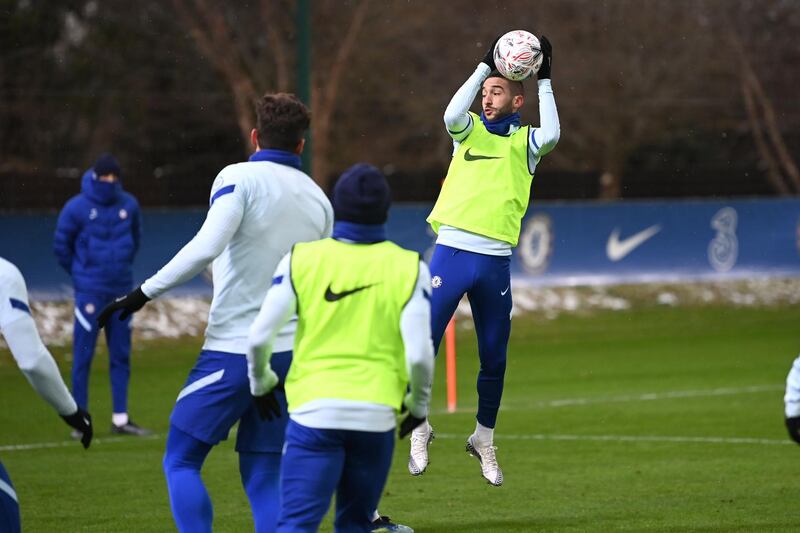 COBHAM, ENGLAND - FEBRUARY 09:  Hakim Ziyech of Chelsea during a warm down training session at Chelsea Training Ground on February 9, 2021 in Cobham, England. (Photo by Darren Walsh/Chelsea FC via Getty Images)